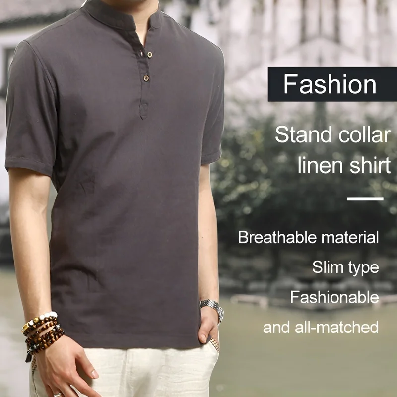 

Мужской повседневный воротник-стойка из хлопка и льна с короткими рукавами в китайском стиле