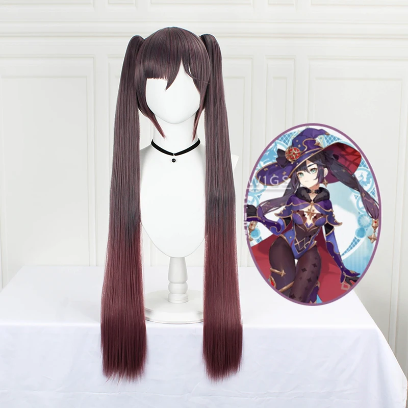 Genshin Impact Mona Cosplay Dark Purple Wig Pigtails Synthetic Long Straight Heat Resistant Halloween Women Free Wig Cap