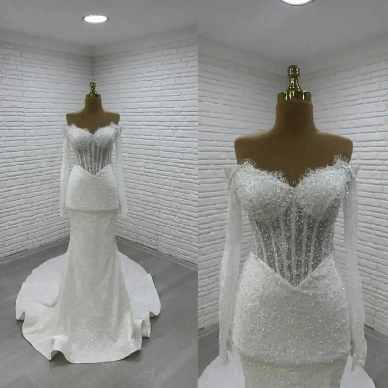 Charming Wedding Gown Off Shoulder Feather Edge Sparkly Rhinestone Mermaid Skirt For Evening Wedding Reception Customized