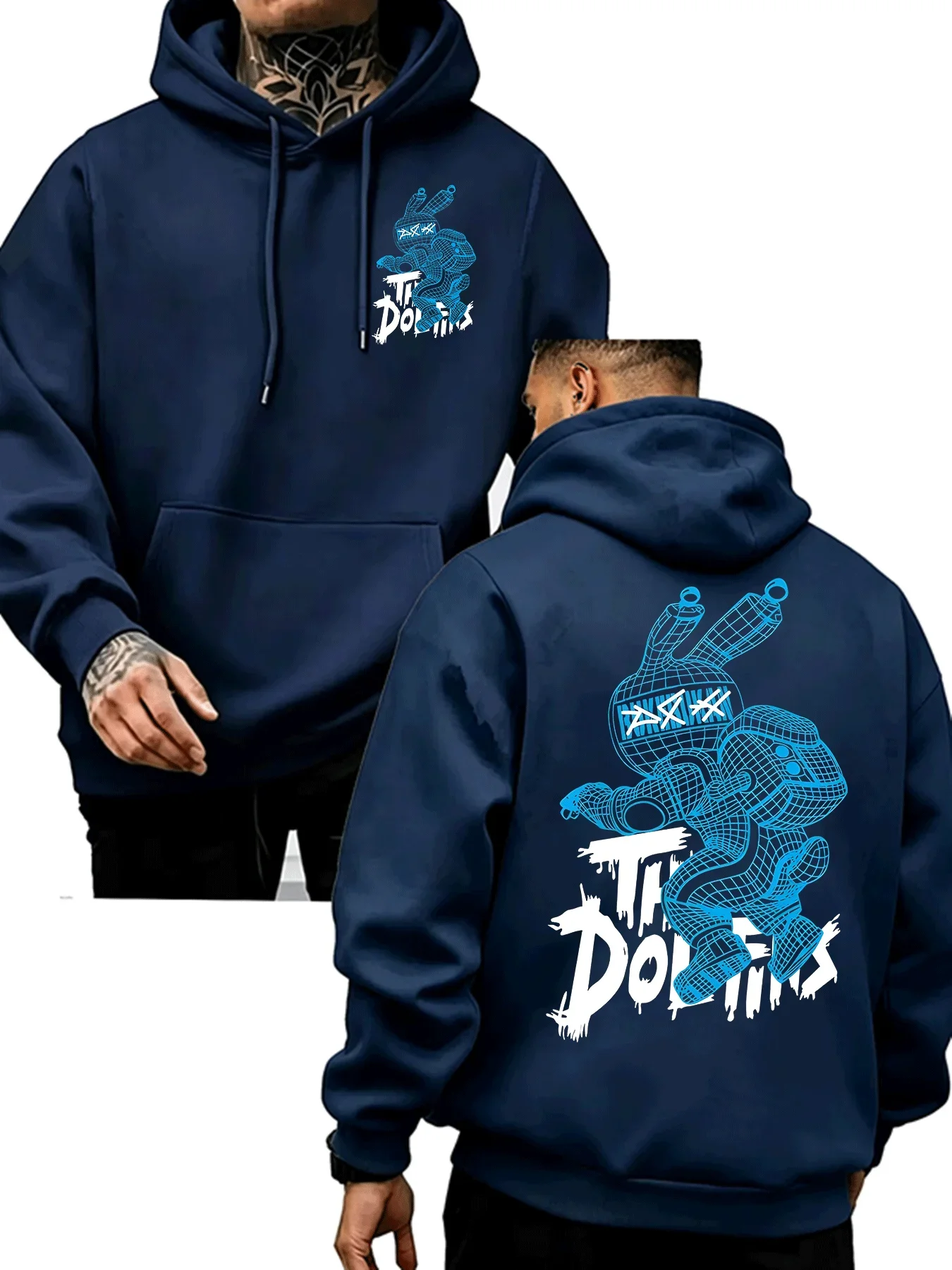 Men's hooded sweatshirt with fun doll rabbit graffiti and English slogan print, loose-fitting sports top for autumn and winter.