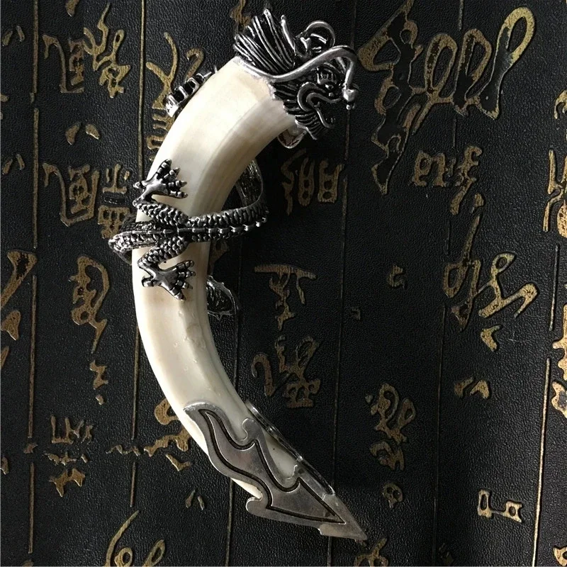 1pc / Elaborate Natural Genuine wild boar teeth, Tibetan silver dragon head pendant