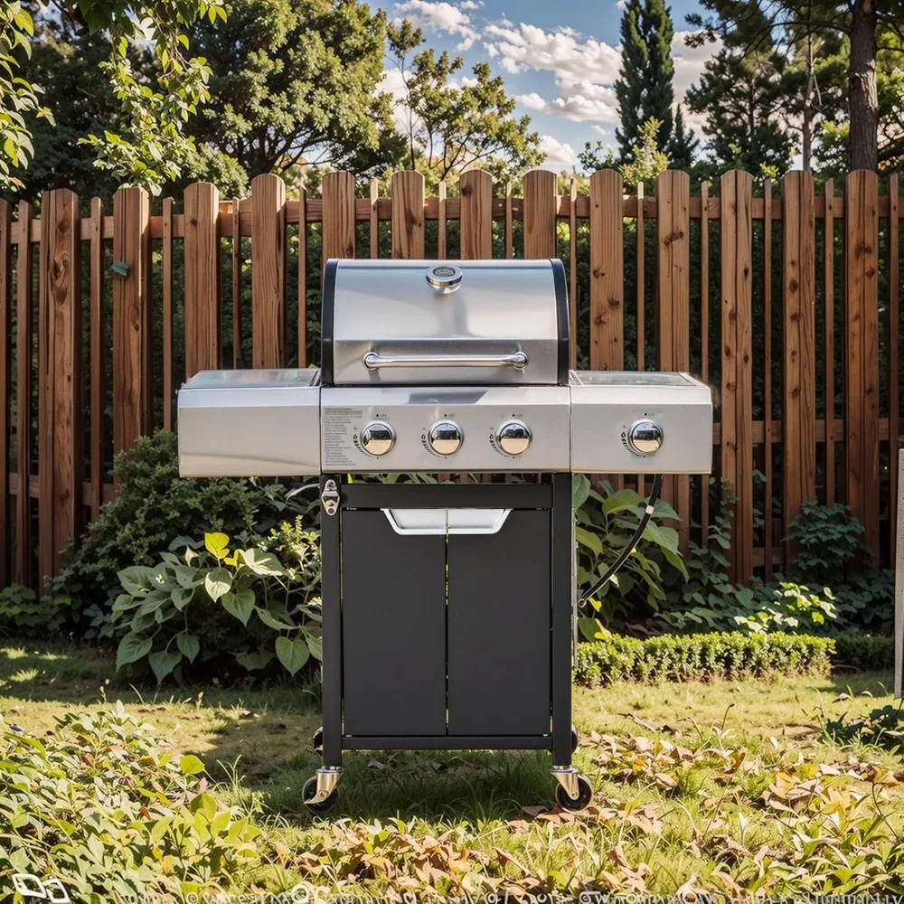 40,500 BTUS 3-Burner Barbecue Grill with Side Burner, Outdoor barbecue grill with side burner, Propane Grill Lid and Rain Cover