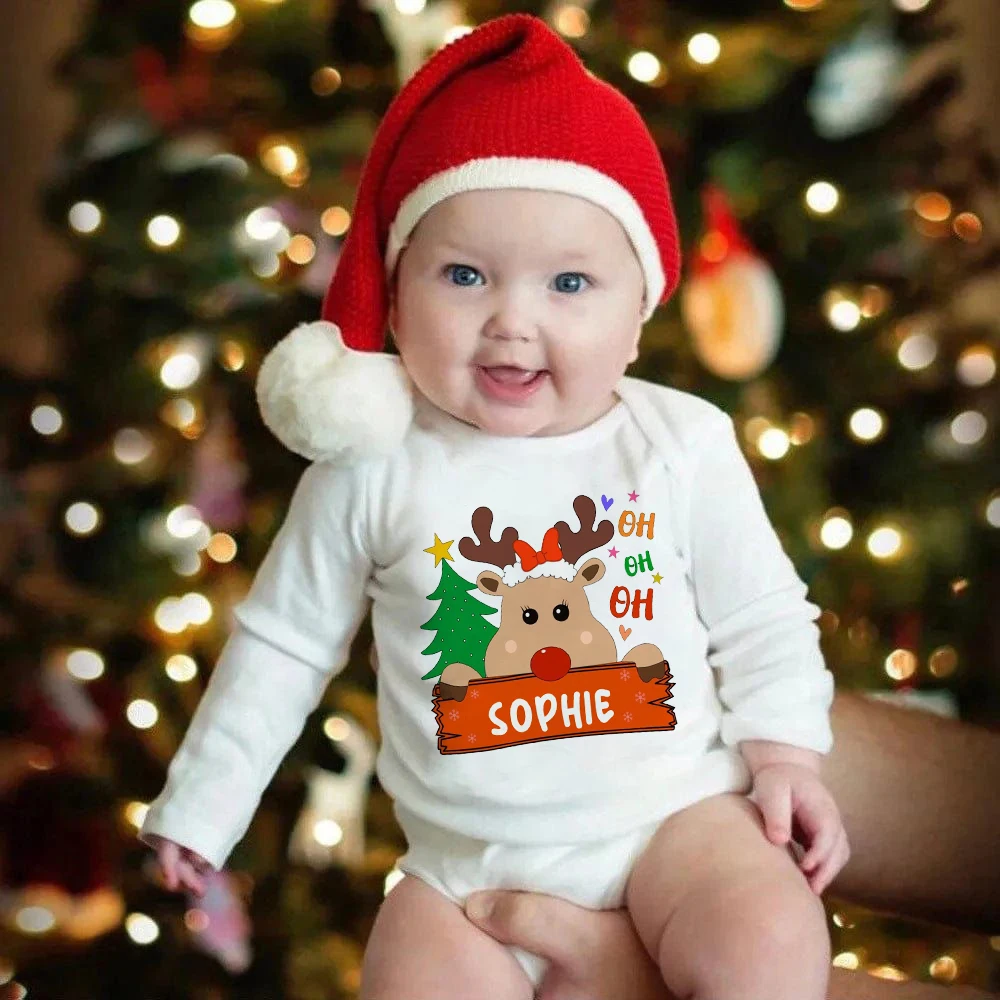 Personalized Deer with Name Baby Bodysuit Christmas Party Newborn Outfit Jumpsuit Toddler Romper Xmas Infant Long Sleeve Clothes