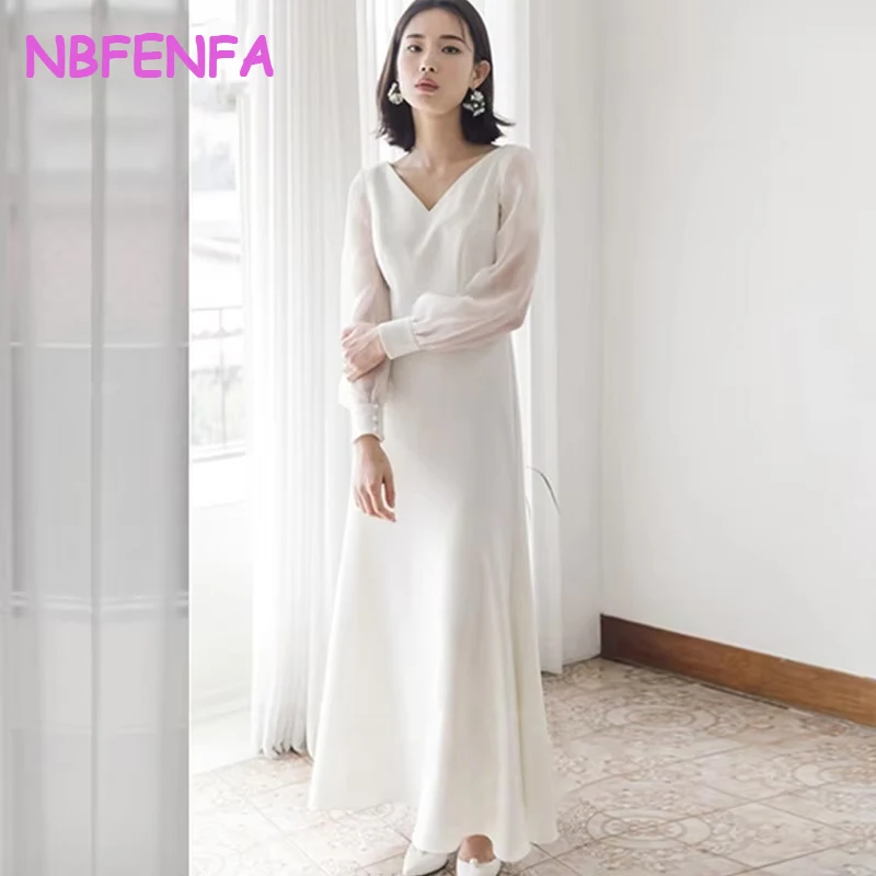 V-neck Chiffon Light Wedding Dresses Simple Long-sleeved Banquet Womens Evening Dress White Elegant Gowns Vestidos Para Mujer