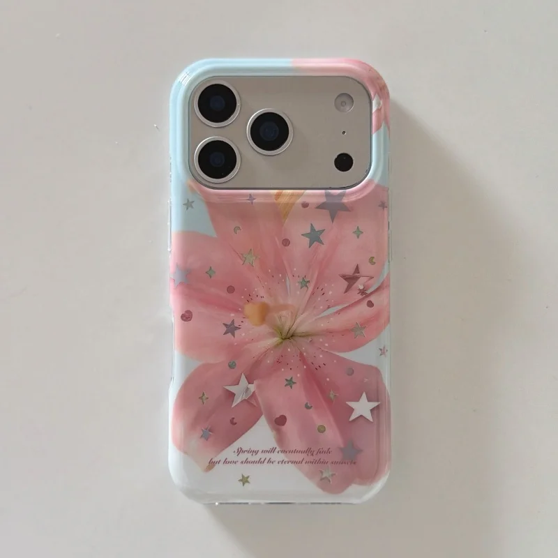 Gold Stars Pink Lily Pattern Dual Layer Mobile Phone Case for iPhone 17 16 15 14 13 Pro Promax