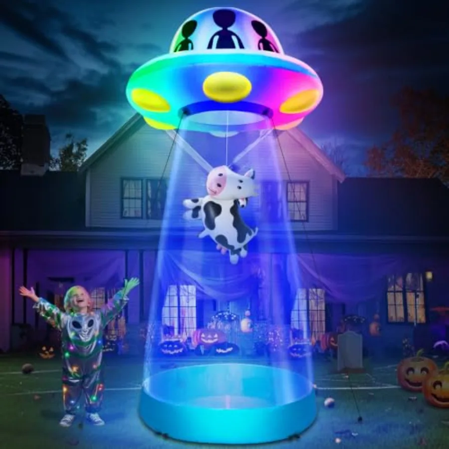 Halloween outdoor decoration: 10 ft tall inflatable UFO cow abduction, PVC material, silver and black, quick inflation with bui
