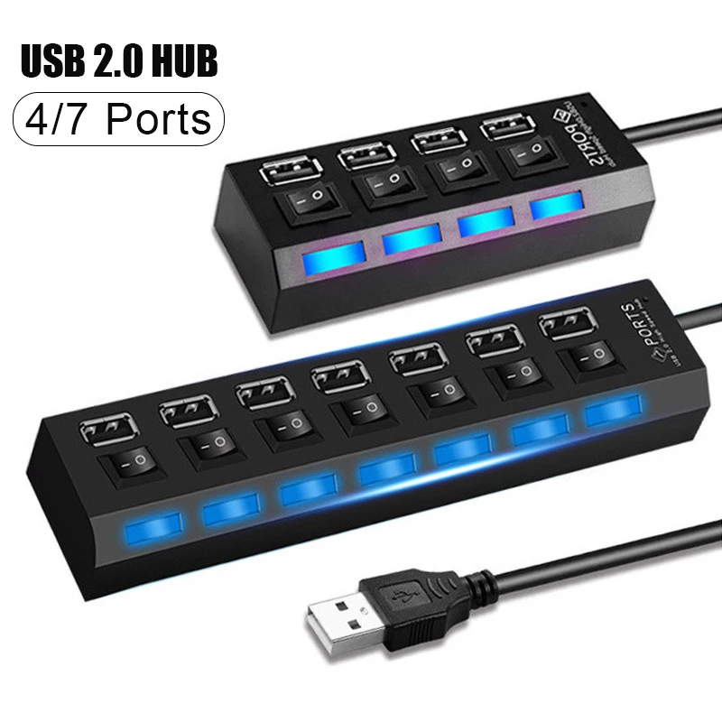 عالية السرعة 4/7 منافذ USB HUB 2.0 محول المتوسع متعدد USB الفاصل موسع متعدد مع مفتاح لمبة LED للكمبيوتر المحمول