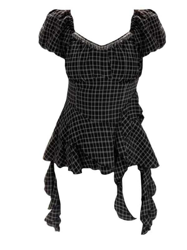 

plus Size Women's Korean Sle Plaid ort Sve irt Summer New Design Sense Asymmetrical Sa Commute Slim Fit irt