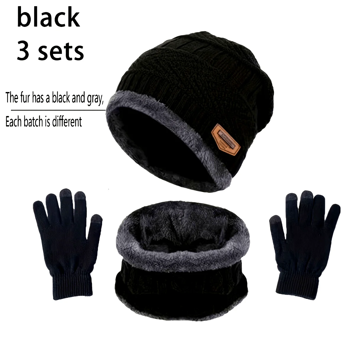 3-piece Glove Set, Scarf, Fleece Hat, Unisex Black Knitted Hat, Warm Winter Neck Protection, Elastic Gloves, Outdoor Accessories