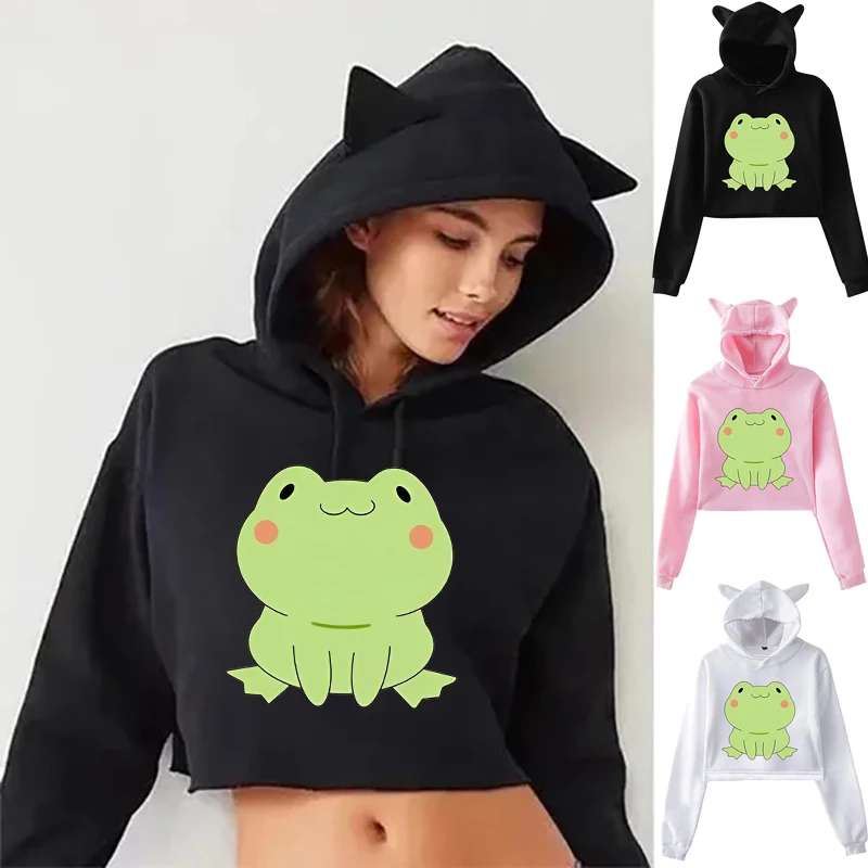 

New Y2k Cropped Pullover Cute Frog Printing Sweatshirt Women Girl Cat Ears Hoodie