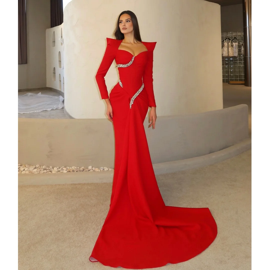 ชุดราตรีสีแดงทรงเมอร์เมด แขนยาว จับจีบ ประดับคริสตัล สำหรับงานพรอม งานประกวด งานเลี้ยง  สามารถสั่งตัดได้