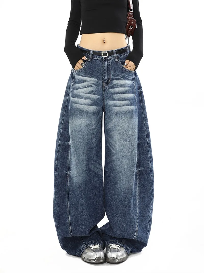 Calças Jeans Retrô Americanas Lavadas de Perna Larga para Homens e Mulheres, Calças Soltas com Corte a Fio, Comprimento Total...