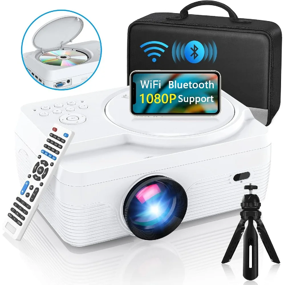 Proyector HD WiFi Bluetooth 1080P, Mini Proyector Portátil de DVD, 250 Pulgadas, Cine en Casa, Compatible con iOS/Android/TV Stick/PS4/HDMI/TF