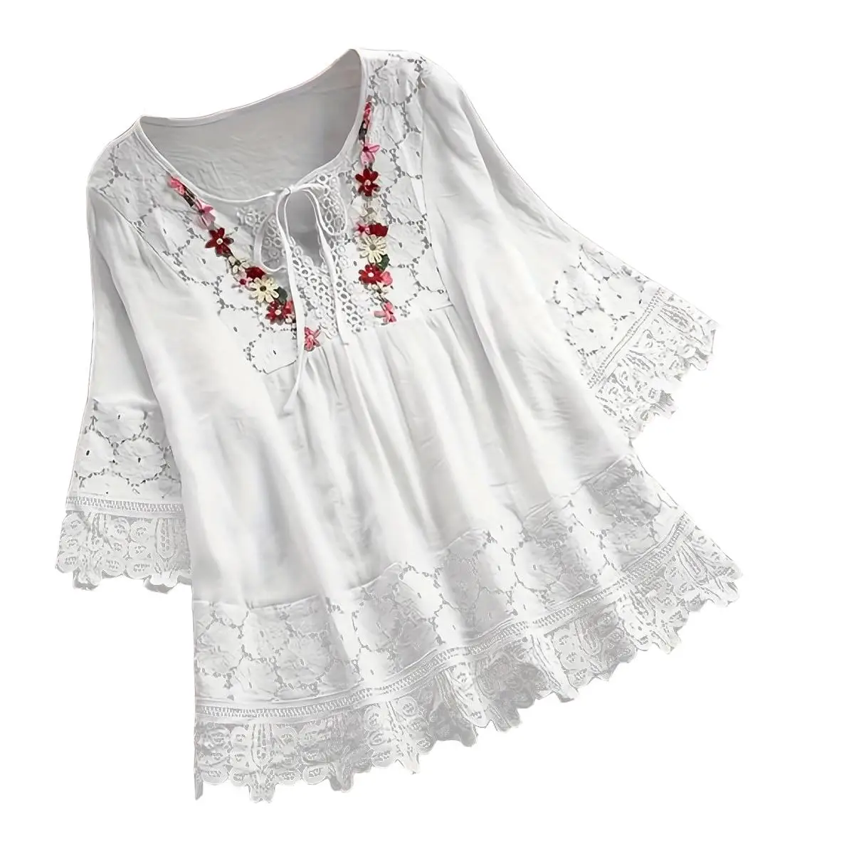 Sophisticated Embroidered Lace Blouse - Elegant Crew Neck, Vintage Autumn/Spring Style, Comfort Cotton Blend