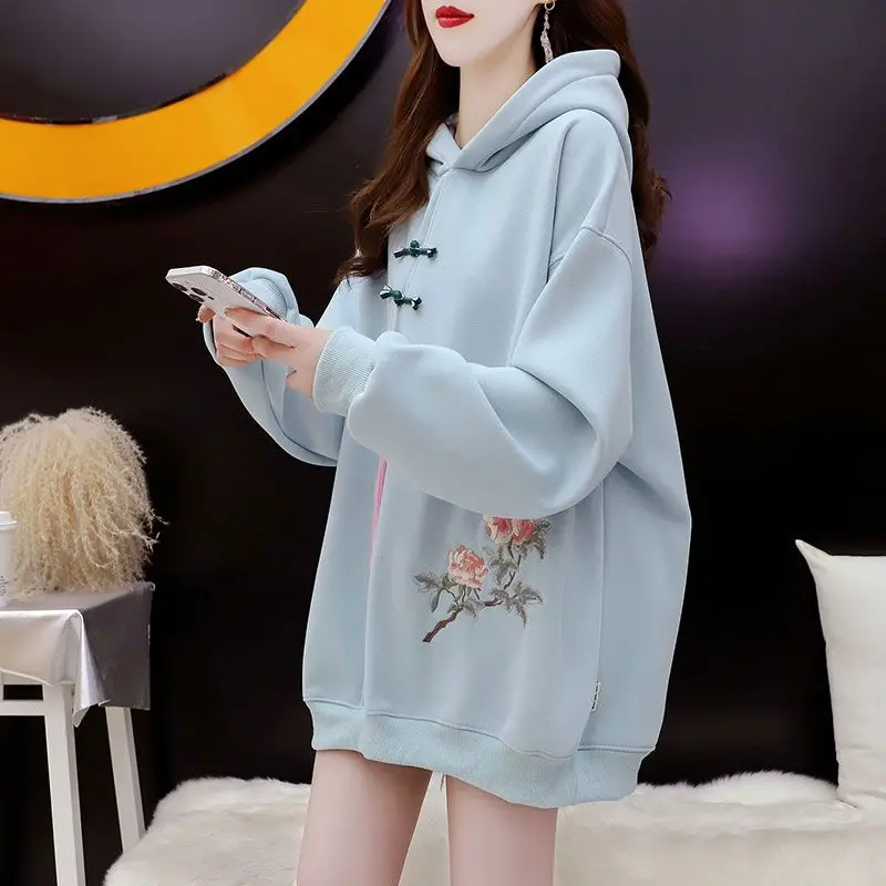 Chinese Style Elegant Embroidered Fleece Hoodies Women Autumn Winter Fashion Buttons Solid Color Coat All-match Temperament Tops