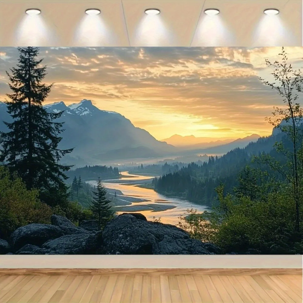

Golden Sunset Mountain River Tapestry: Serene Nature Landscape Pattern Modern Cottagecore Wall Decor for Living Room Bedroom