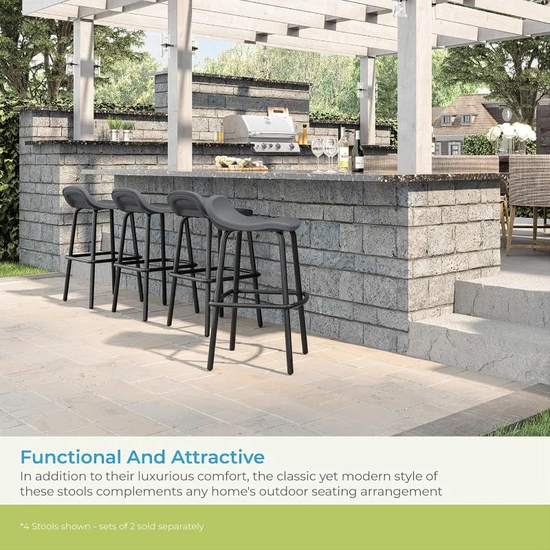 Outdoor Modern Resin Patio Bar Stools with Footrest, Set of 2 Weather-Resistant Bar-Height Chairs for Patio Bar, Cool Gray