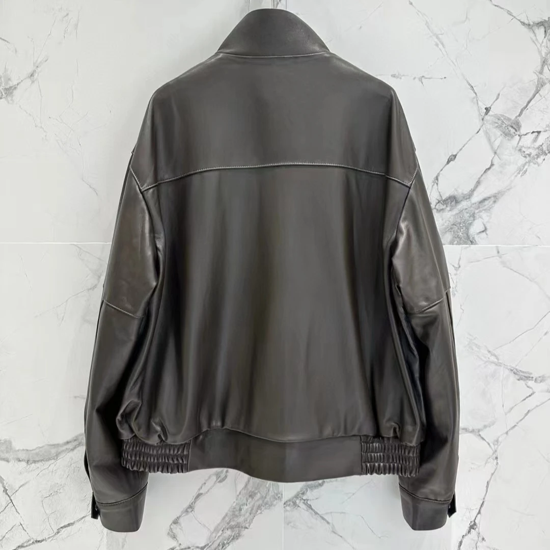 Cappotto con colletto rialzato in pelle di pecora Giacca corta con cerniera a maniche lunghe Giacca in pelle da donna