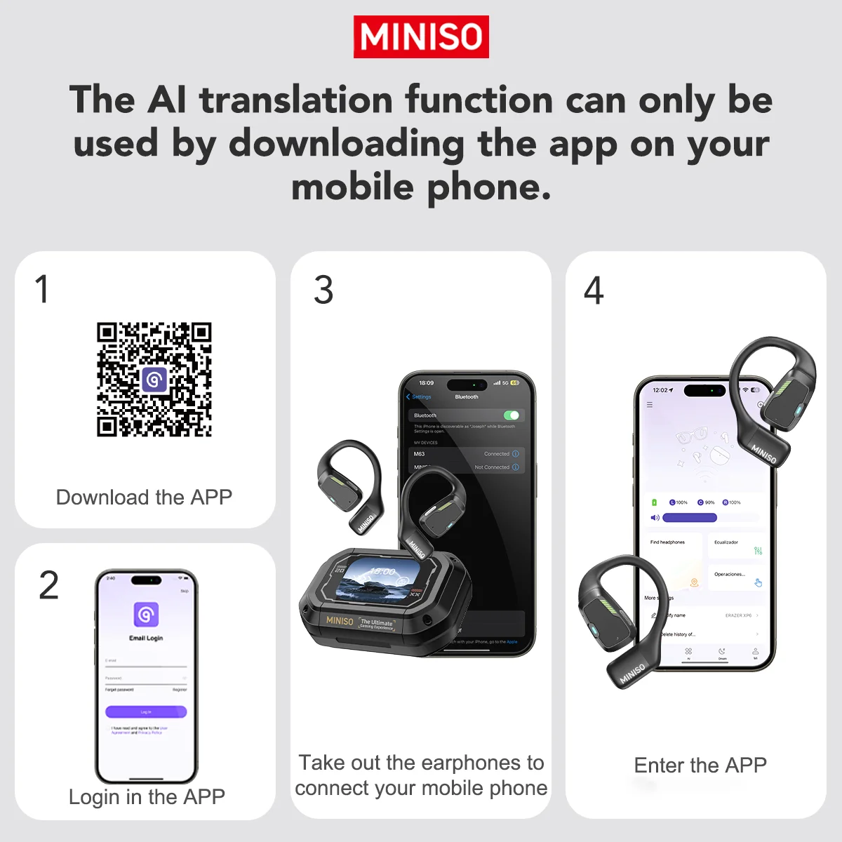 [AI Translator] MINISO M98 Drahtlose Kopfhörer OWS Sport Bluetooth Kopfhörer Gaming Headset ASMR APP Übersetzung Ohrhörer IPX5 – Detail 3