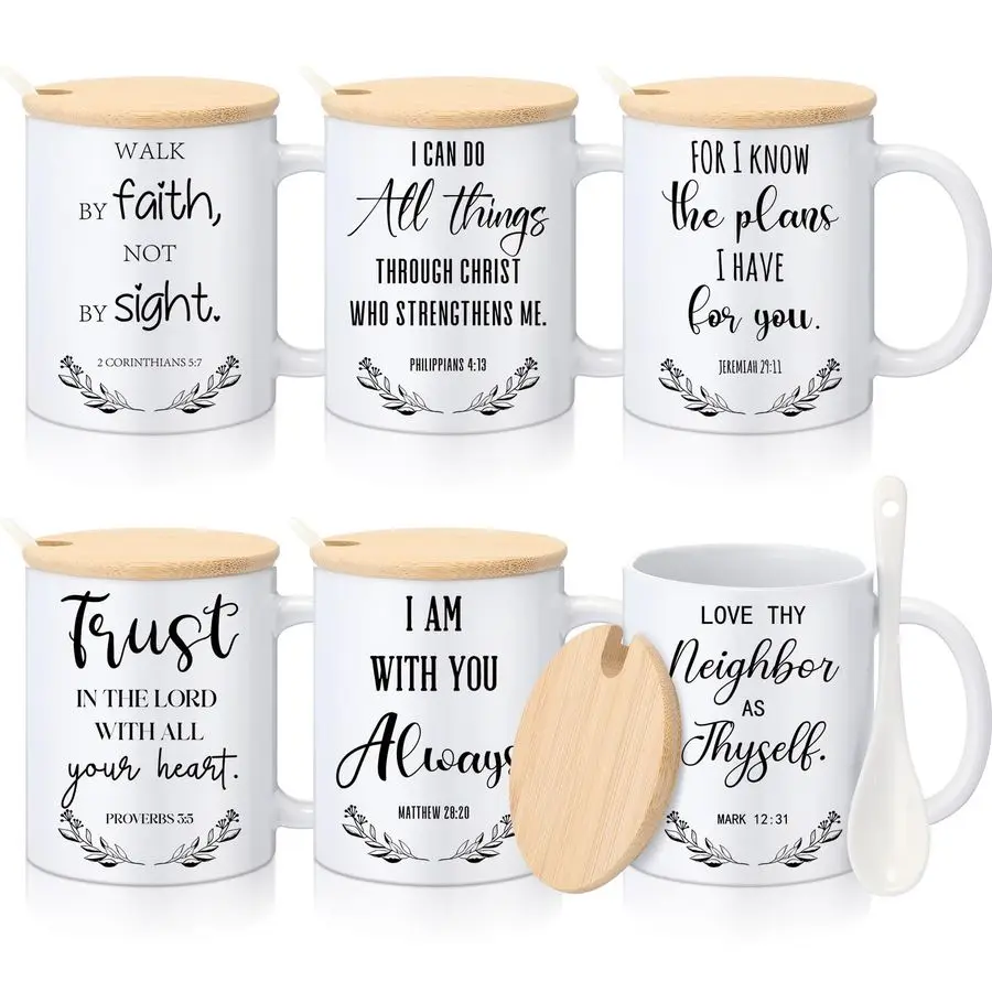 

Набор из 6 христианских кружек для женщин, оптом, вдохновляющие религиозные подарки, кофейные кружки с цитатами из Библии, 12 унций, керамические, с крышкой, ручкой и ложкой