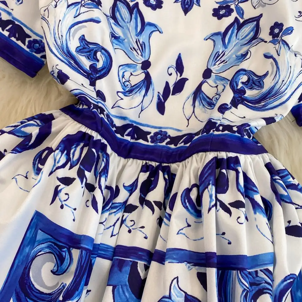 Banulin Fashion Designer Summer Dress Women O-Neck Short Sleeve Blue and White Porcelain Print High Waist Midi Vacation Dress