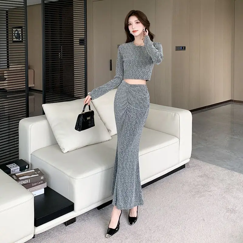 Fashion temperament two-piece set women's round neck long sleeved short top+slim fit long skirt solid clor elegant set