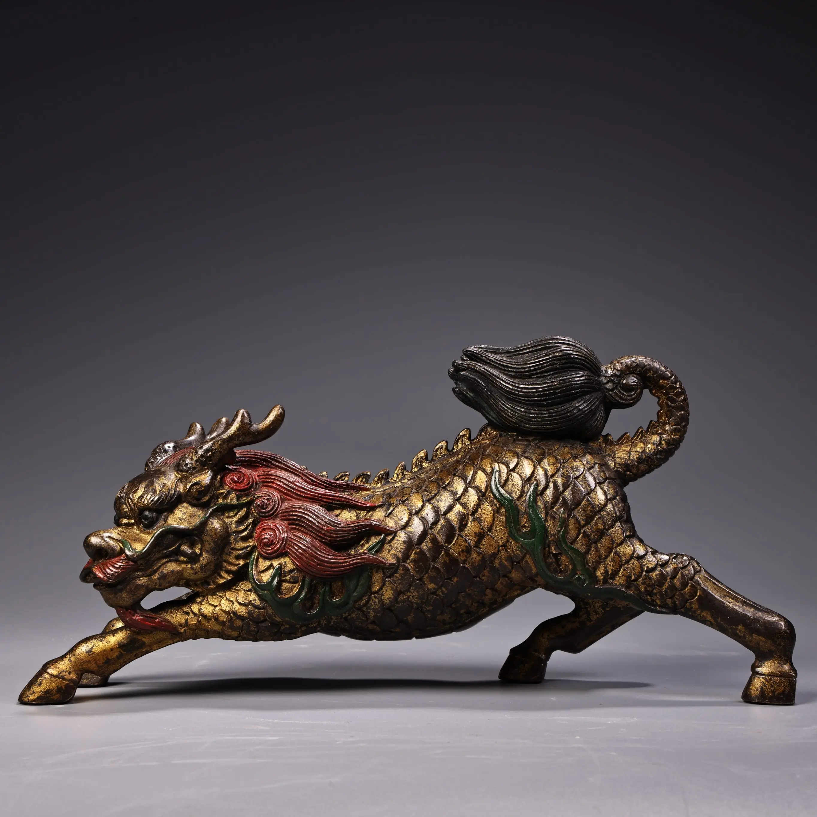 

5"Tibetan Temple Collection Old Bronze Painted High Relief Kirin Statue Mythical Animals Amass wealth Ornaments Town house