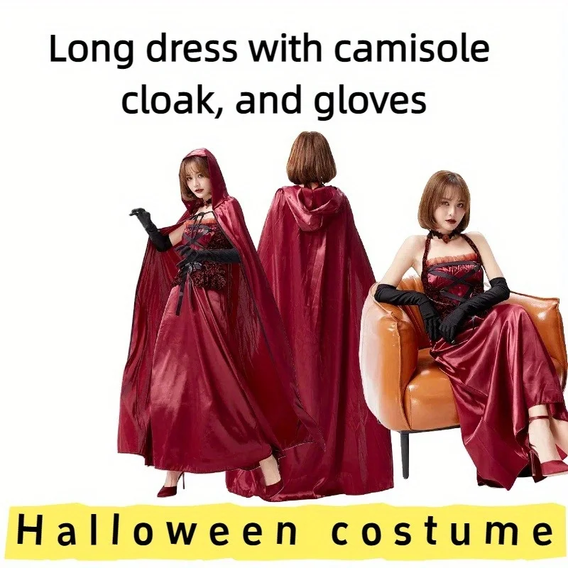 

Костюм на Хэллоуин, платье макси на тонких бретельках, накидка, наряд для ролевых игр для женщин, вечеринки на Хэллоуин, косплей, мероприятия, тематические