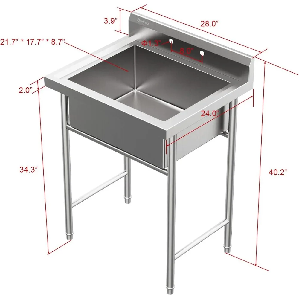 28" freistehende Mehrzweckwaschbecken aus Edelstahl 304 für Waschküche mit Backsplash, industrielles Garagenwaschbecken, kommerzielles Waschbecken