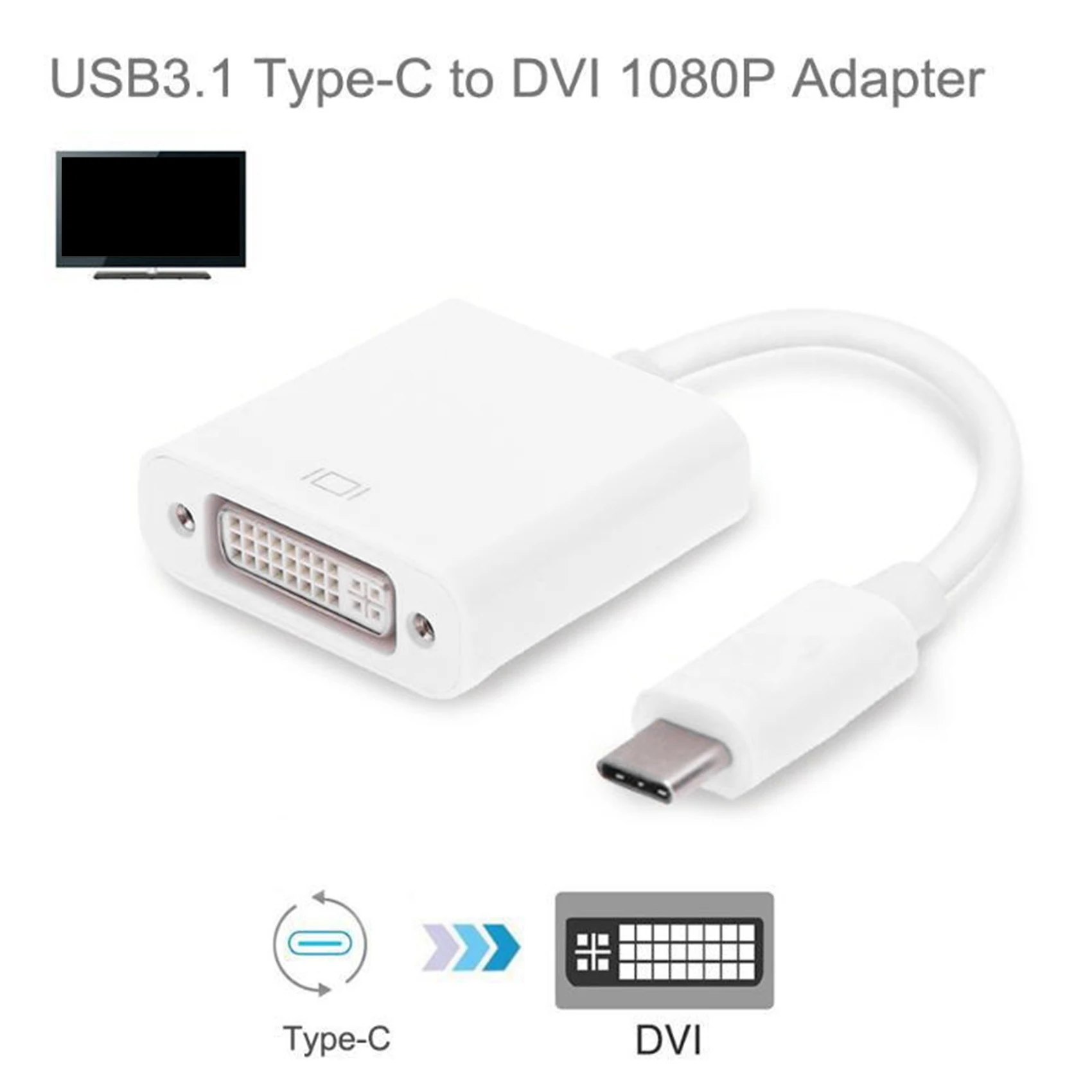 USB3.1 Type-C to DVI HD Conversion Cable 1080P Portable Extended Power Adapter Cable Connector Converter