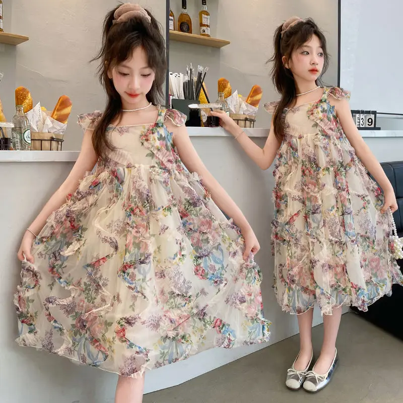 Girls Summer Dress 2024 New Fashionable Floral Lace Pleated Princess Dress for Older Childrens Birthday Party Dress