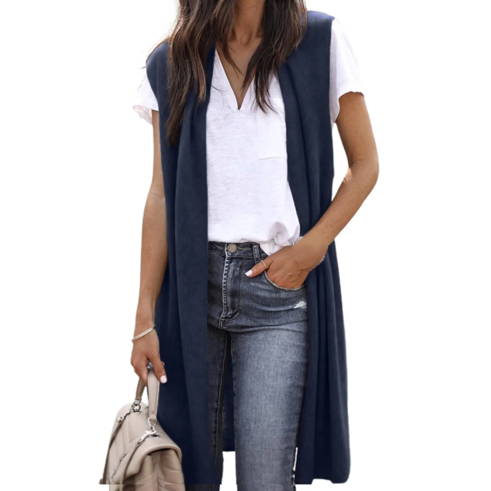 Women\'s Sleeveless Open Front Pocket Causal Lightweight Kimono Cardigan Coat