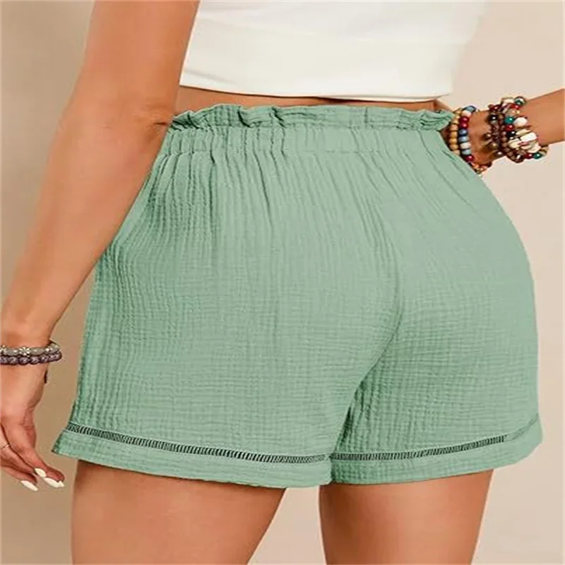 Short d'été taille haute pour femmes, couleur unie, décontracté, taille élastique, jambes larges, avec poches, confortable, pour la plage