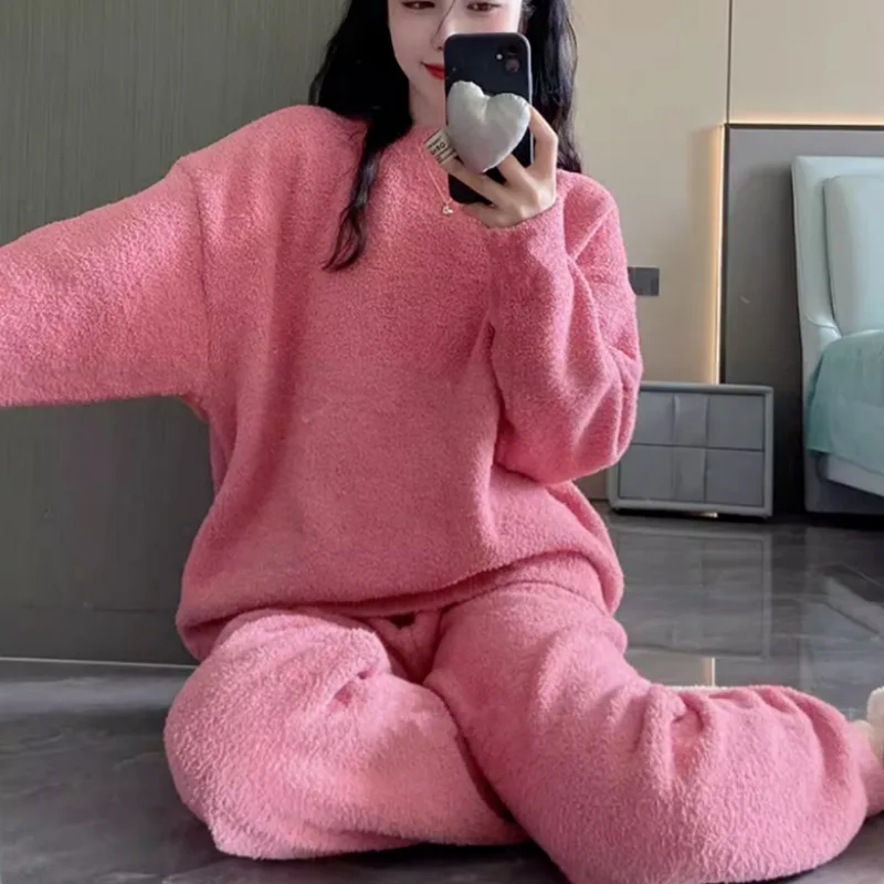 Half Side Velvet Goose Women's Plus Velvet and Thick Coral Velvet Sleepwear Suit  Autumn and Winter Home Wear Age Reduction Girl
