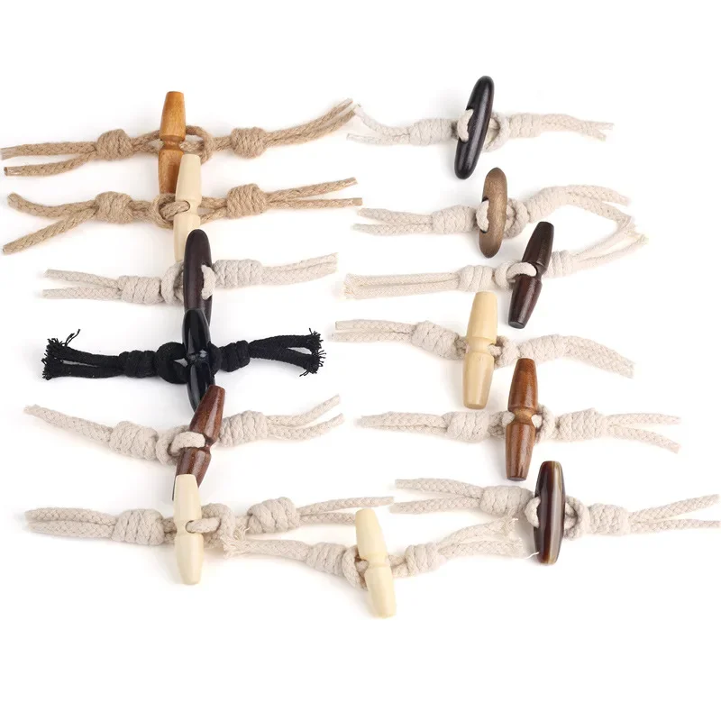 กระดุมสลักไม้5ชุดพร้อมเชือกคอตตอนตัวยึดเสื้อโค้ทดัฟเฟิลตัวยึดไม้สลักพร้อมตัวเชื่อมต่องานฝีมือกระดุมป่าน