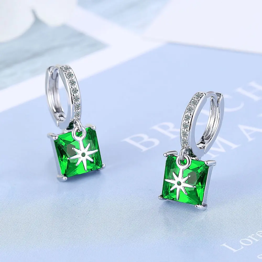 Square Green Simulated Nano Emerald 925 Sterling Silver Hoop Earring Star Ear Buckle for Woman Princess Cut Gemstone Jewelry