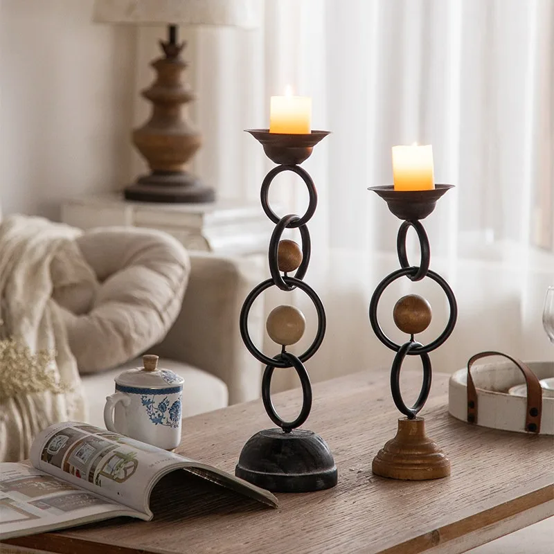 American Retro Old Wrought Iron Candlestick Creative Wooden Homestay Model Room Home Decoration Ornament Candelabro