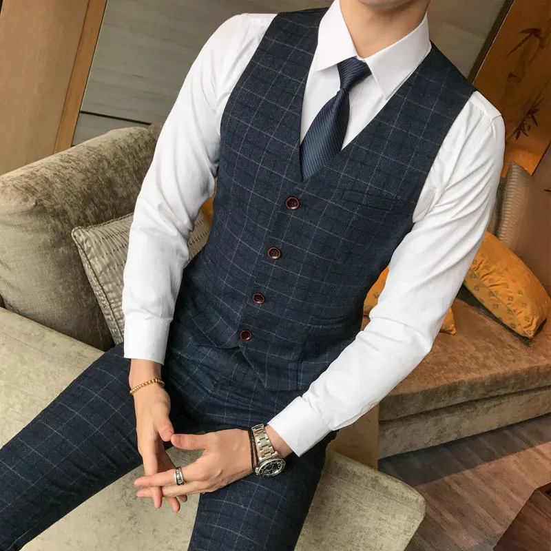 ( Vest + Pants ) 2Pce Set Mens Fashion Plaid Slim Casual Business Suit Vest Pants Groom Wedding Dress Formal Waist Coat Trousers