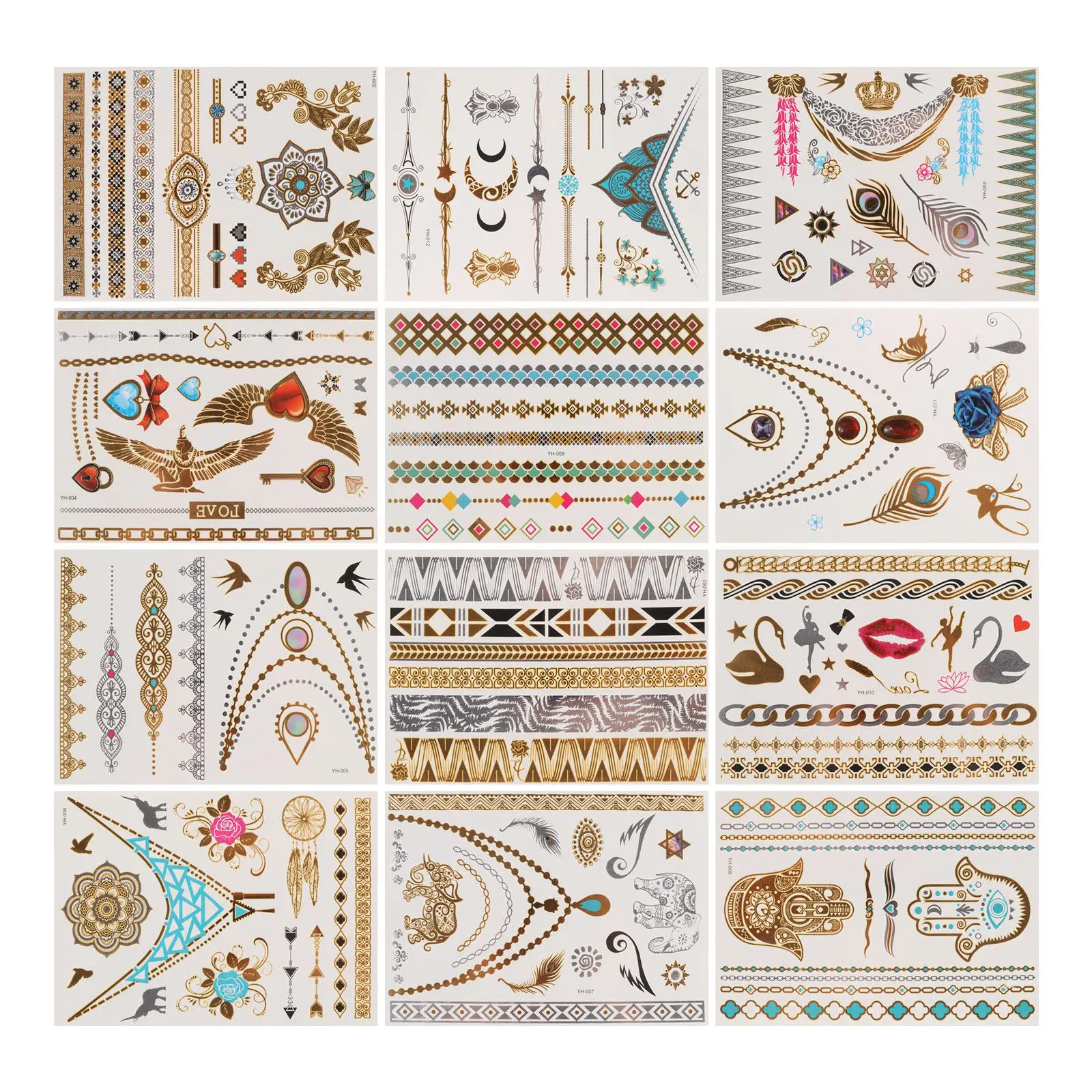 

12 шт. серебряных временных татуировок, ретро-тату с золотым и серебряным бронзовым эффектом, водостойкие тату для вечеринок, металлические татуировки