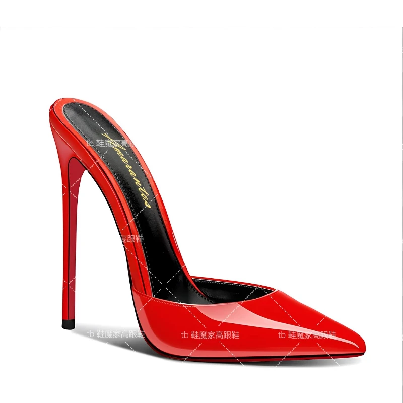 

12cm Sexy Red Pointed Red Bottom High Heels for Women 2025New Style with Thin Heels and Temperament,Baotou Sandals,Half Slippers