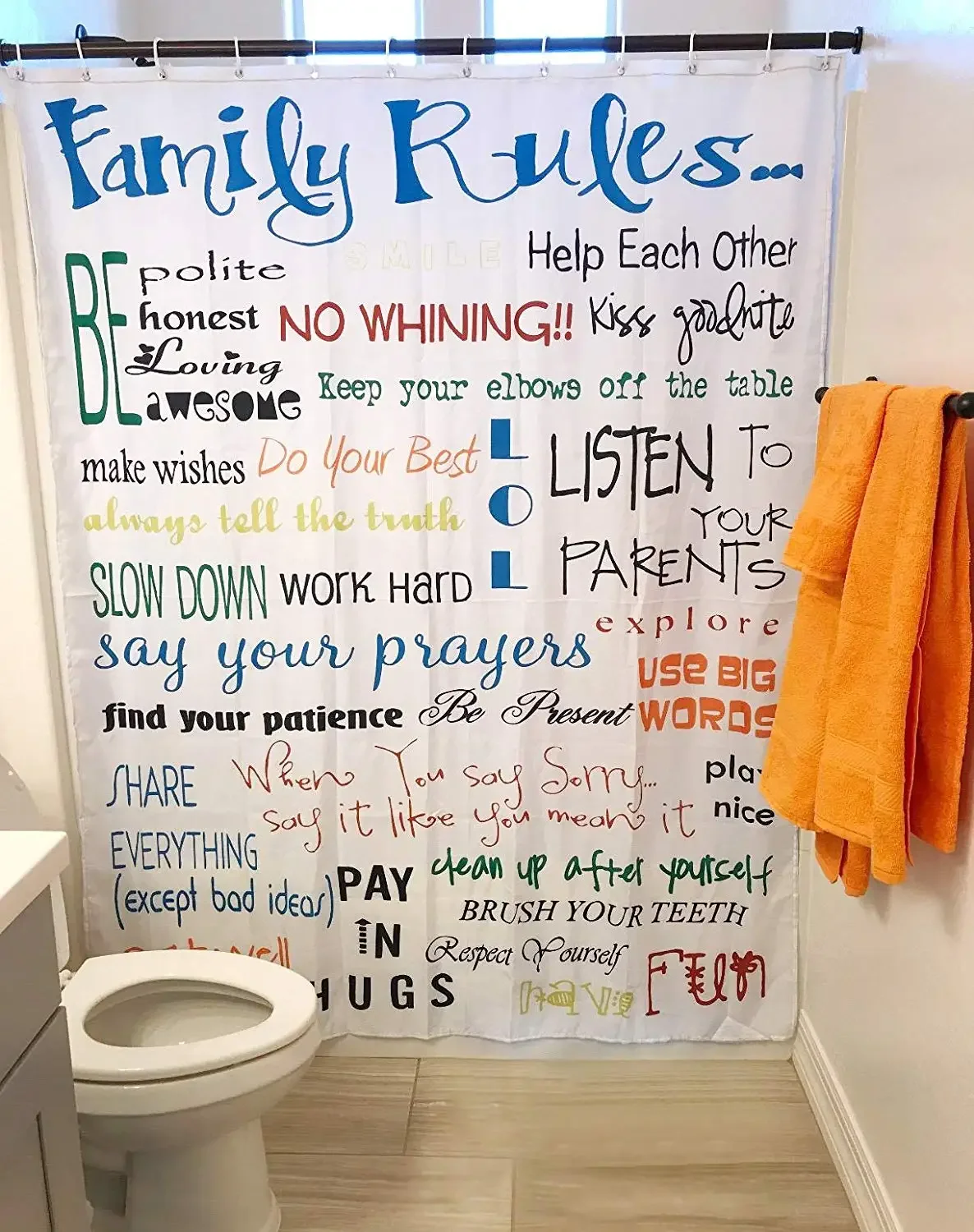 Family Rules Lightweight Fabric Bathroom Shower Curtain