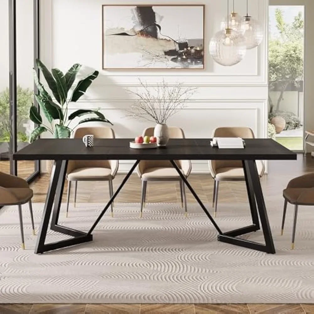 

70.86-Inch Large Dining Table , Modern Black Dining Room Table with Metal Frame, Rectangular Kitchen Dinner Table