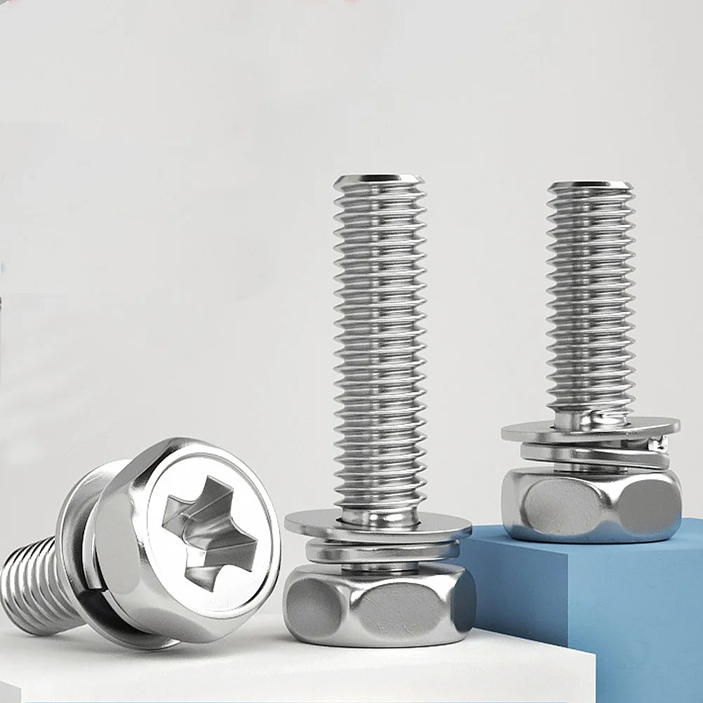 304 Stainless Steel Cross Hexagonal Combination Screw with Washer  Spring Washer Concave Hole Combination Thread Machine Bolts