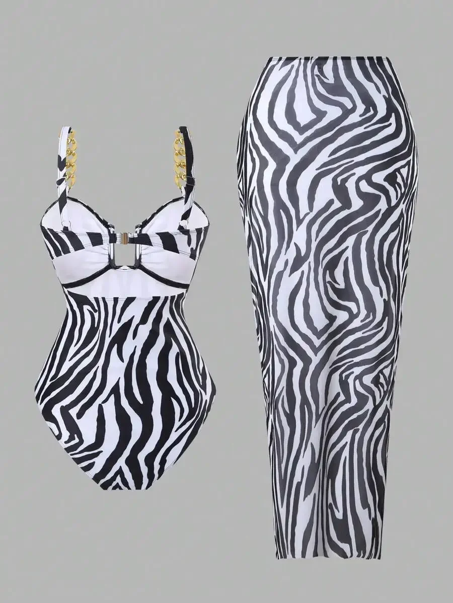 

Zebra Print One-Piece Swimsuit With Chain Straps And Mesh Skirt For Women Summer Beachwear