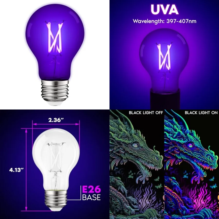 

A19 Edison UV LED Black Light Bulb, 6W Filament Blacklight Bulb, UVA 397-407nm, Enclosed Fixture Rated, E26 Base, Glow in The D