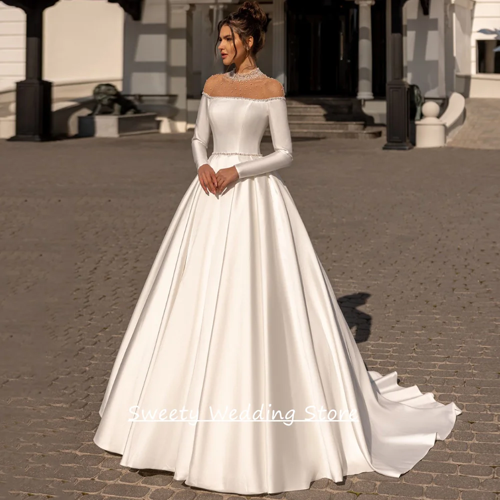 

Satin Wedding Dress Customized Sheer High Neck Beading Crystal Full Sleeves A Line Sweep Train Bridal Gown Zipper Buttons