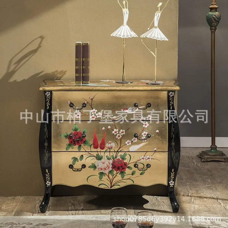 Bucket cabinet painted retro solid wood new Chinese gold foil bright light bedroom drawer storage cabinet living room vertical
