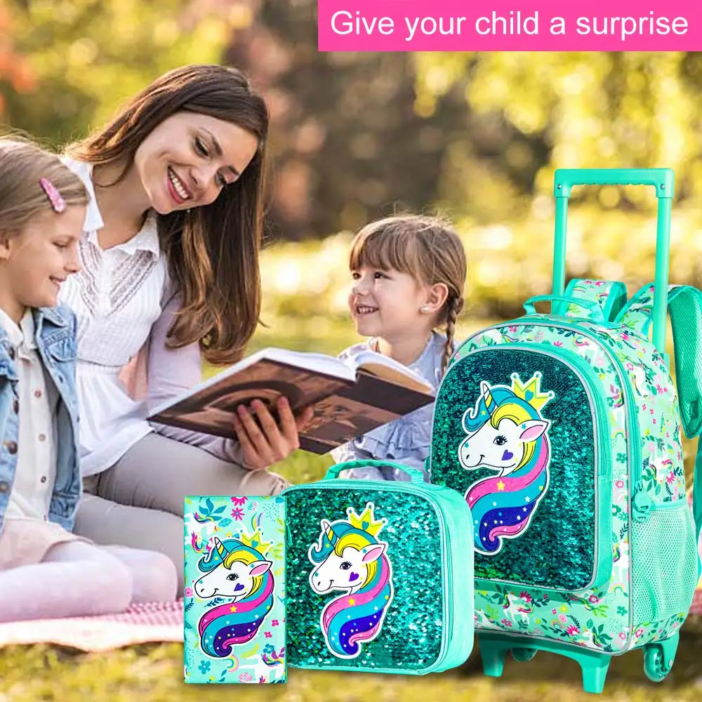 3PCS Rolling Backpack for Girls Kids Roller Wheels Bookbag with Lunch Bag Green Unicorn Glow-in-the-dark Function