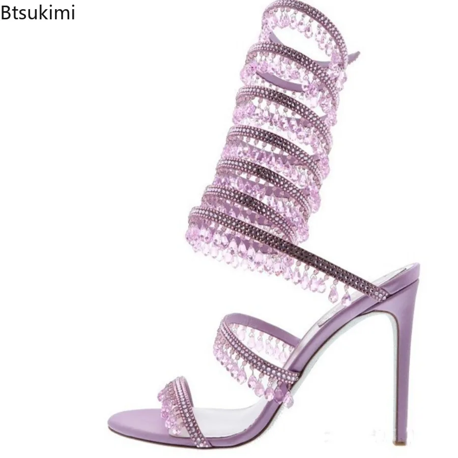 

New 2025 Summer Drop Rhinestone Snake -Liked Straps Knee Sandals Wedding High Heels Crystal Leg Coiled Straps Hollow Out Shoes