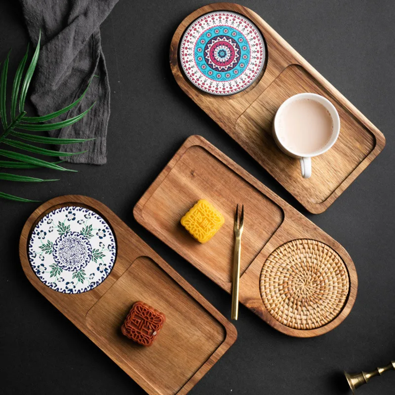 Japanese Solid Wood Teacup Tray Restaurant Kitchen Coffee Ceramic Coaster Retro Bread And Dessert Breakfast Plate